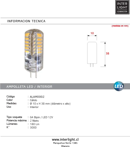 Ampolleta bipin LED G4 12V - ALAM0002
