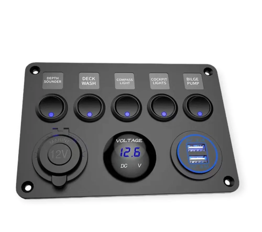 Cargador Inteligente Panel de control 12V con USB, voltímetro e interruptores camper