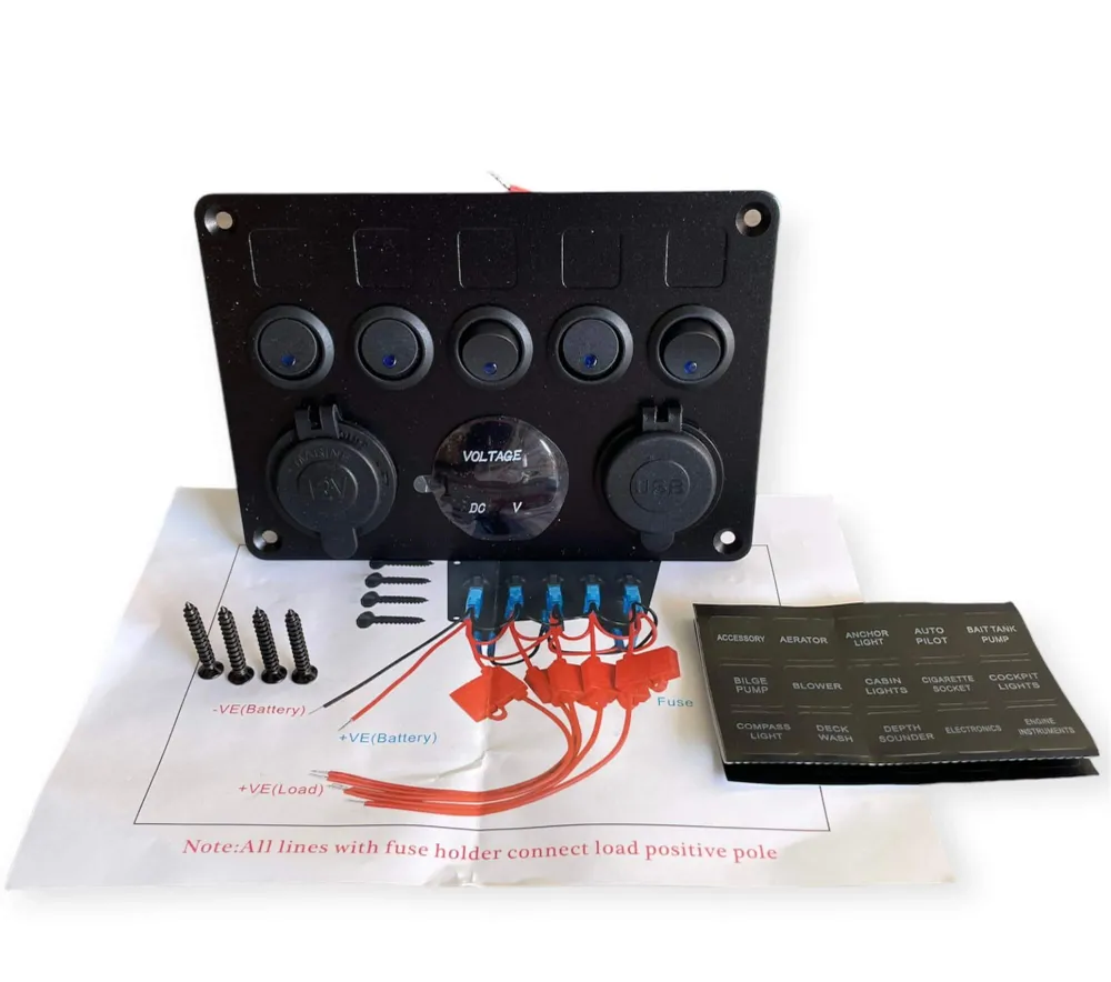 Cargador Inteligente Panel de control 12V con USB, voltímetro e interruptores camper