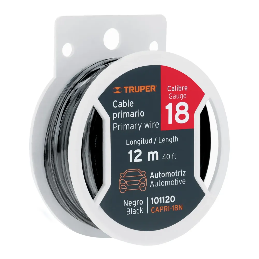 CARRETE CON 12 M DE CABLE PRIMARIO NEGRO CALIBRE 18, TRUPER con Estuche de Almacenamiento