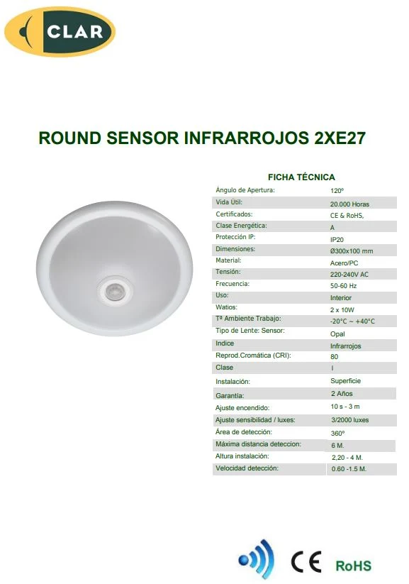 PLAFON CON SENSOR INTERNO con 2 casquillos E-27 con Luz UV