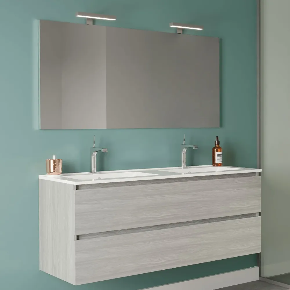 Mobile bagno con doppio lavabo ceramica specchio e lampade cm 120 colore Rovere Grigio- Cubi&Co modello Symmetry Icónico 5