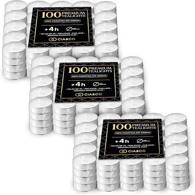 Cia&Co Pack 300 Velas de Té de Larga Duración 4 Horas. Velas Blancas Redondas sin Aroma, 100% Parafina y 38mm de Diámetro,...