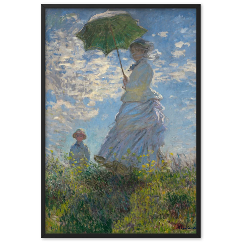 Poster mit Rahmen - Mujer con sombrilla - Madame Monet y su hijo Negro Claude Monet