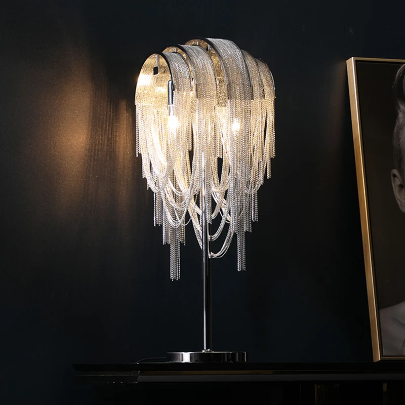 Lámpara de mesa con borlas de cadena de aluminio tejida mano, lámpara decorativa plateada de 2 luces de diseño para sala d...