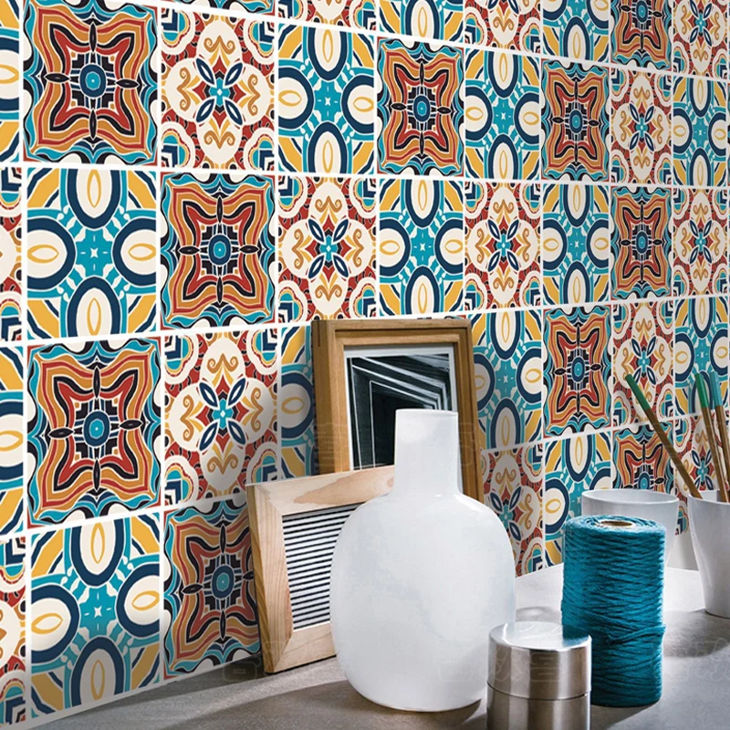 Paneles de papel tapiz con forma de flor azul, pelar y pegar, decoración de pared de comedor Boho Azul Clearhalo