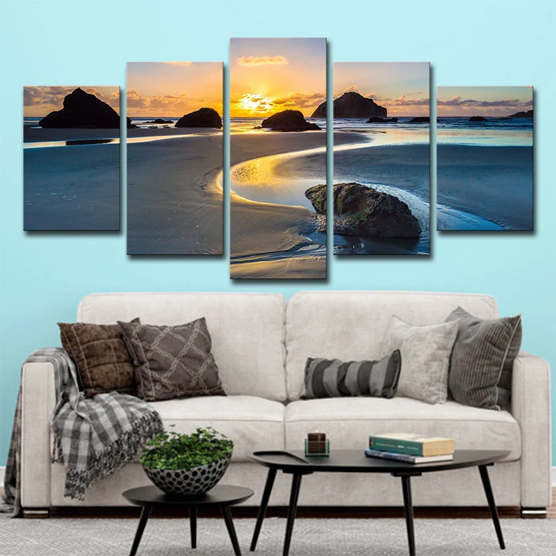 Sundown Rock Seashore Wall Art - Lienzo tropical amarillo para sala de estar, varias piezas Amarillo Clearhalo