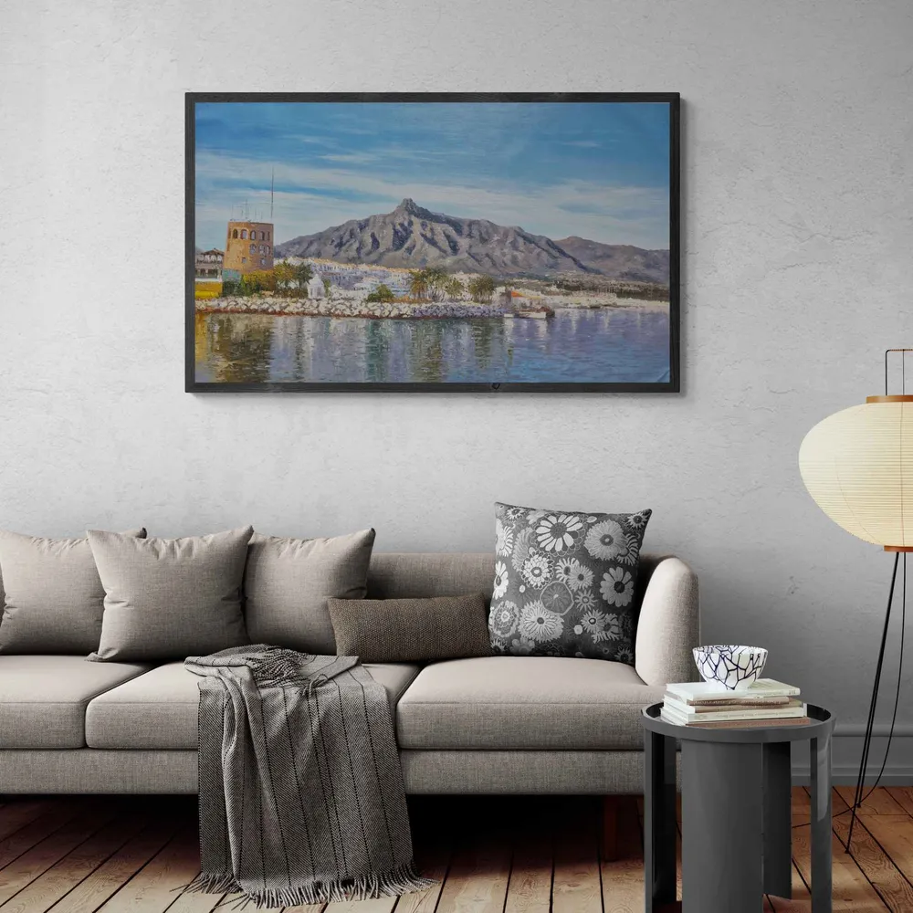 Cuadro al Óleo de Puerto Banús con La Concha 70x121 cm