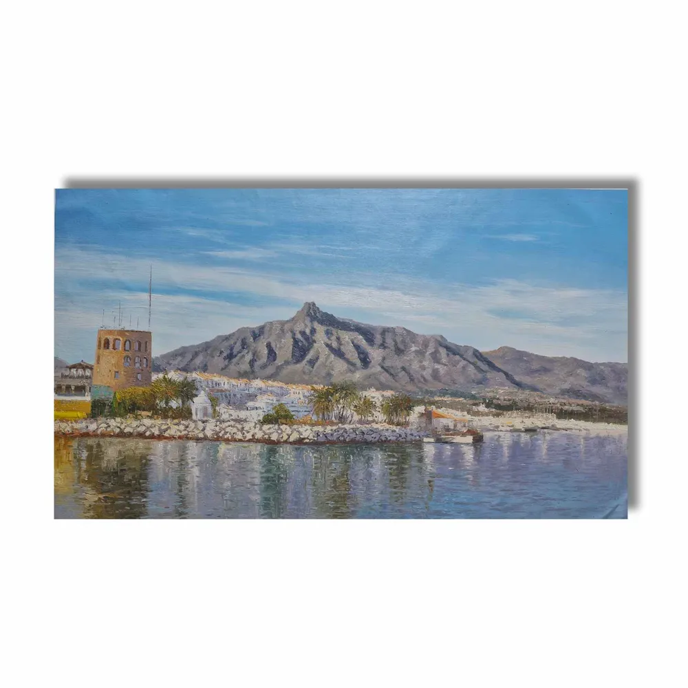 Cuadro al Óleo de Puerto Banús con La Concha 70x121 cm