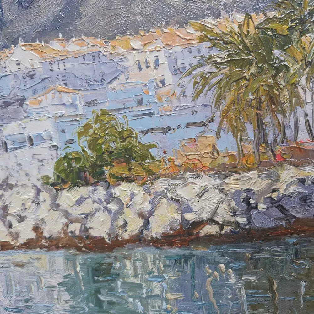 Cuadro al Óleo de Puerto Banús con La Concha 70x121 cm
