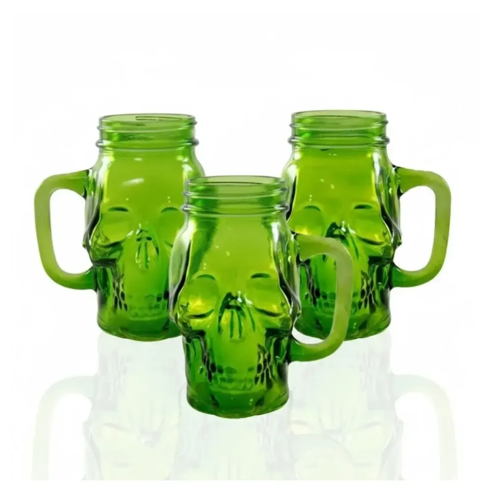 3 Mason Jar Calavera Verde Con Asa 16oz Sin Tapa Sin Popote Drink Lab