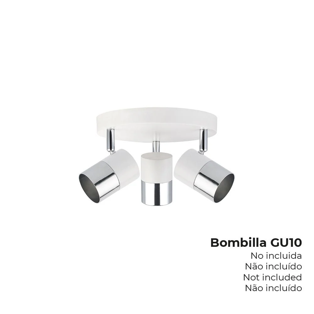 FOCO 3 ELEMENTOS MODELO MOON GU-10 (BOMBILLA NO INCLUIDA) COLOR CROMO+BLANCO HUESO Ø 20 x 12,6 cm EDM