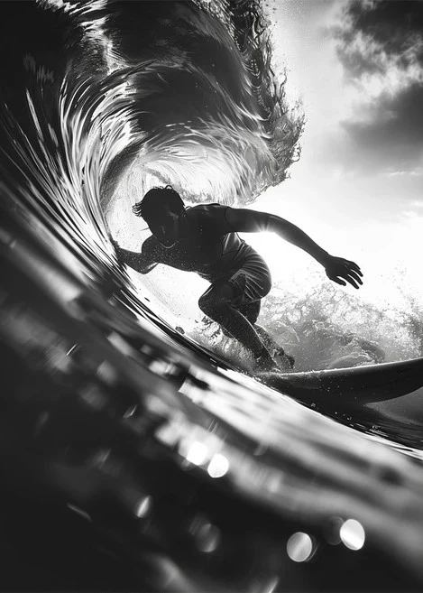 Surfista tomando gran ola en blanco y negro Fine Artic