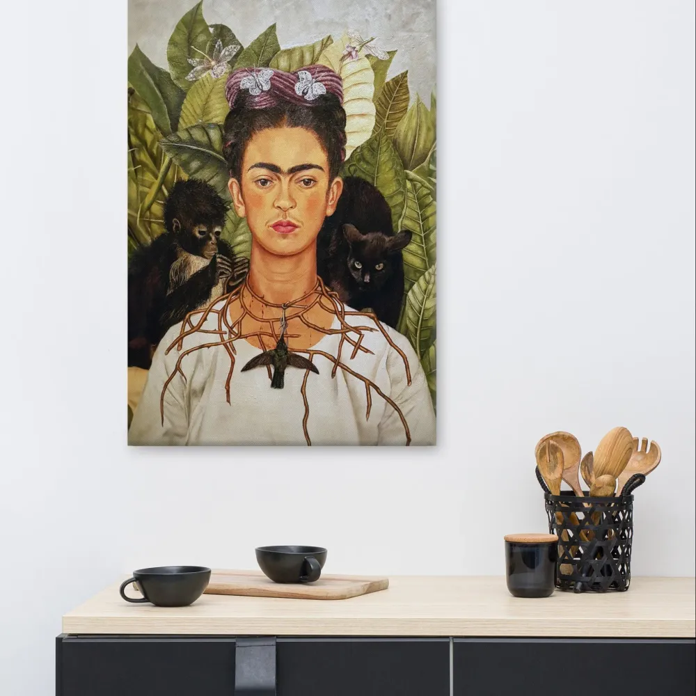 Leinwand - Frida Kahlo con collar de espinas y colibrí