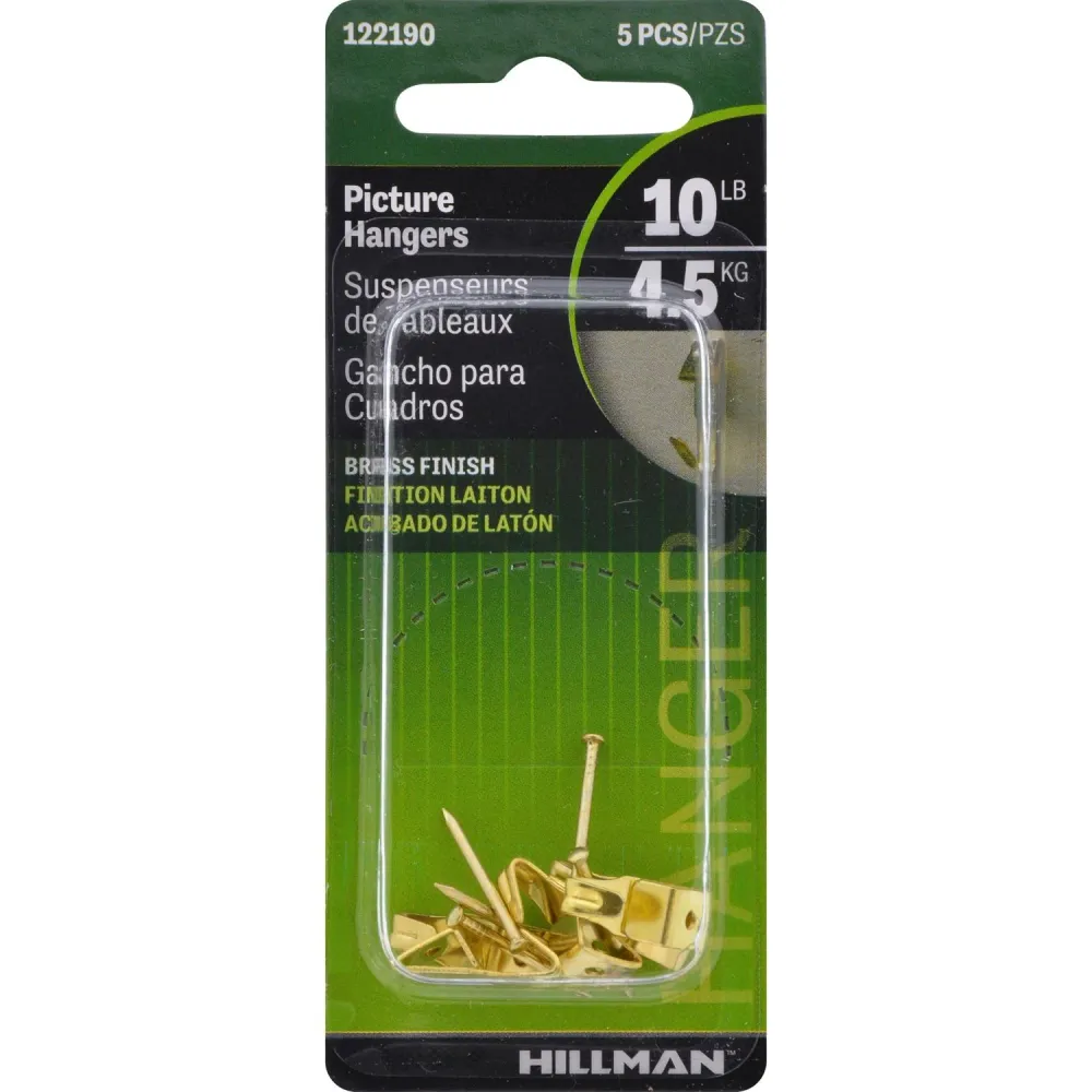 Hillman AnchorWire - Percha para cuadros profesional chapada en latón dorado, 10 lb, paquete de 5 (paquete de 10)