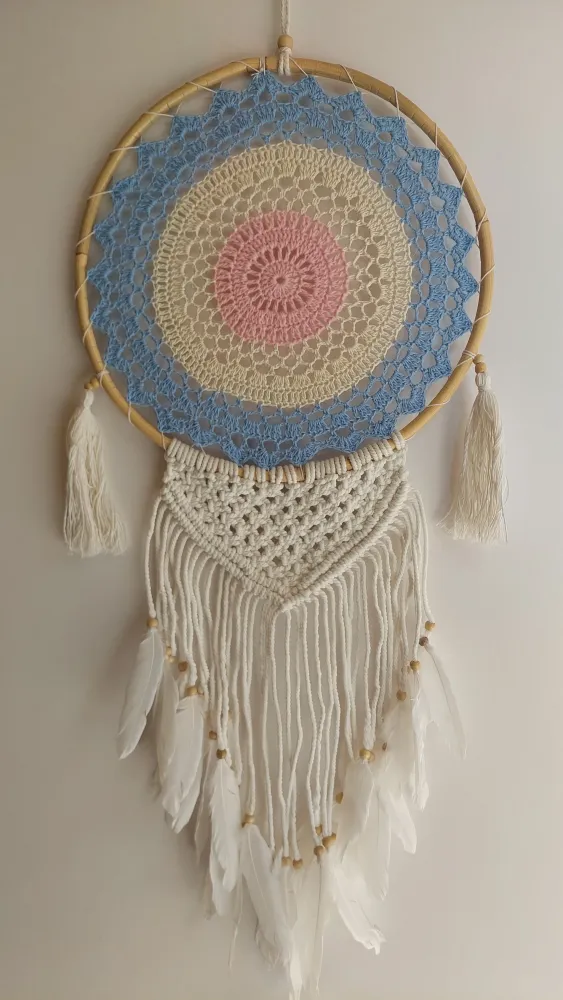 Atrapasueños GRANDE Tejido y Macrame (celeste y rosa) Holistic Concept Mx