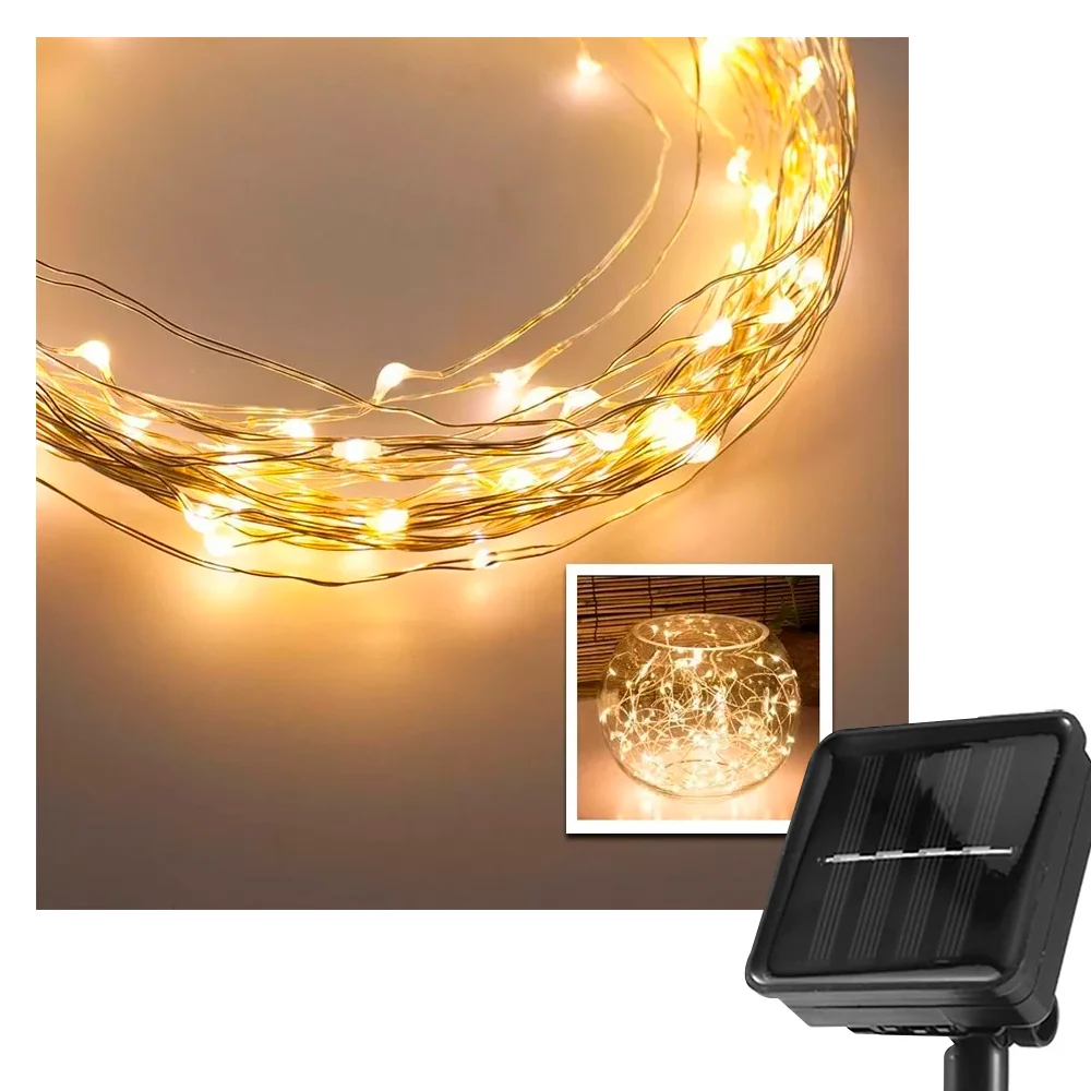 Luces LED de 10m para decoración con panel solar Blanco