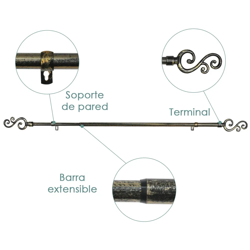 Barra De Cortinas Universal Extensible Metal Forma S- Negro+Dorado MERCURY HOME