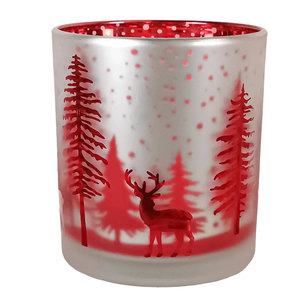 300ml - Mónaco Vaso de vidrio para velas - Plateado Mate y Rojo Metálico con Renos Pinos de Navidad My Store