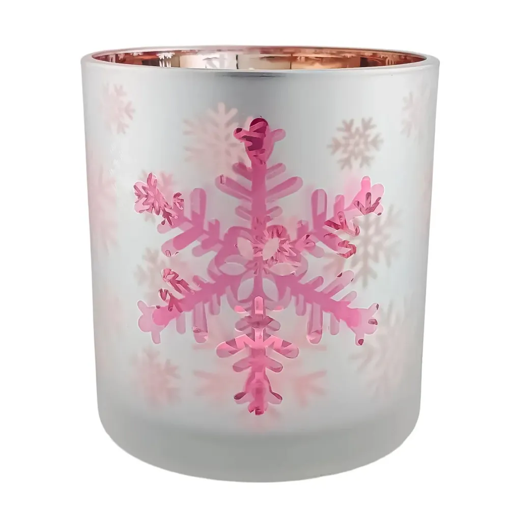 300ml - Mónaco Vaso de vidrio para velas - Blanco Mate / Rosa Metálico con Copos de Nieve - Diseño navideño My Store