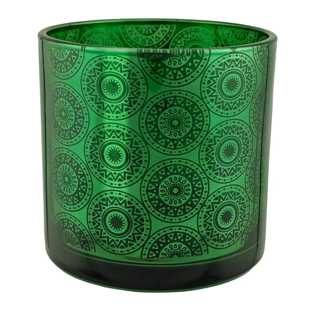 EOL - 560ml - Mónaco Vaso de vidrio para velas - Verde / Negro con Mandalas Zen Paz Vaso para Vela Meditación Metálico My...