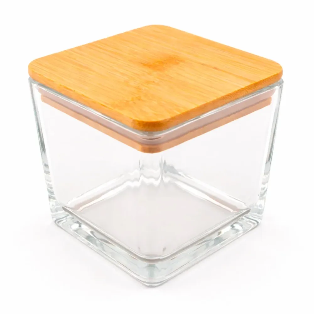 Set 680ml Glasgow Vaso cuadrado de vidrio para velas Transparente + Tapa de Bambú Cuadrada con Anillo de Silicón My Store
