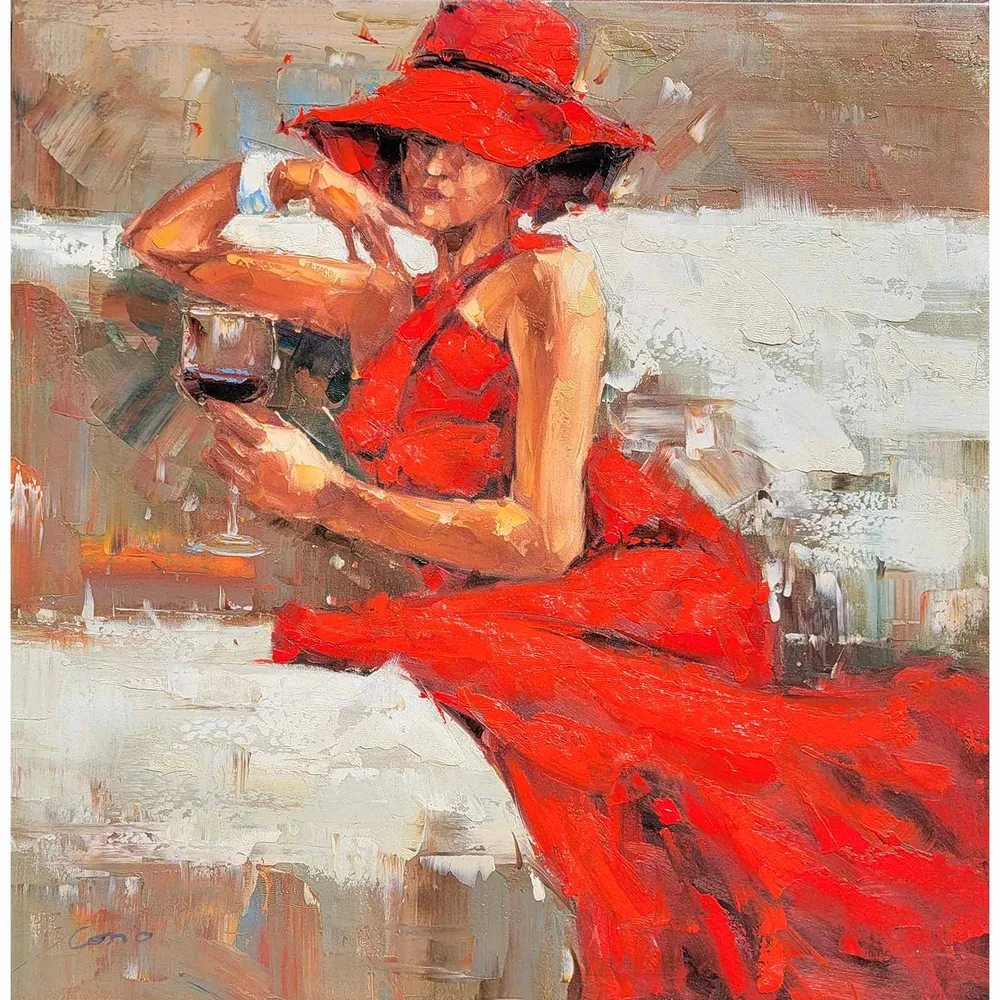 Pintura Mujer de Rojo 80x80 cm