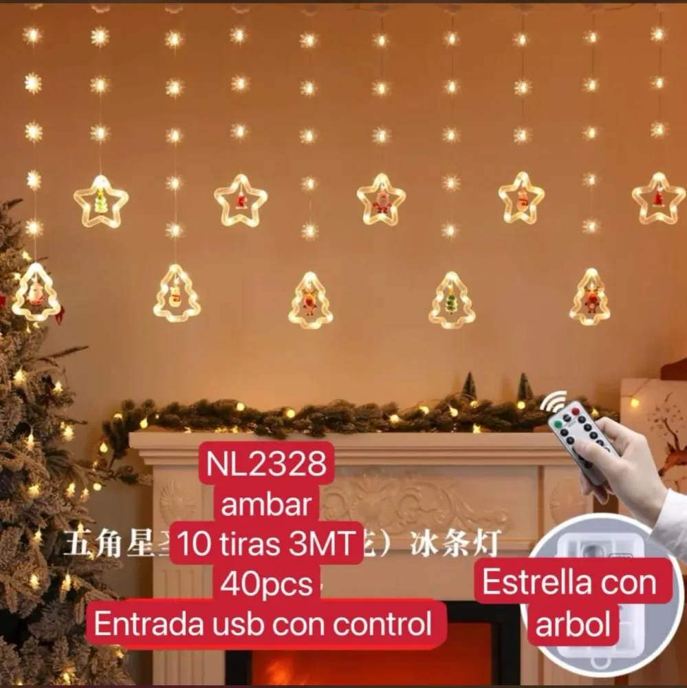 Luces luz led navidad navideñas tipo cortina para ventana 3m forma árbol y estrella 10 tiras entrada USB con CONTROL NL232...