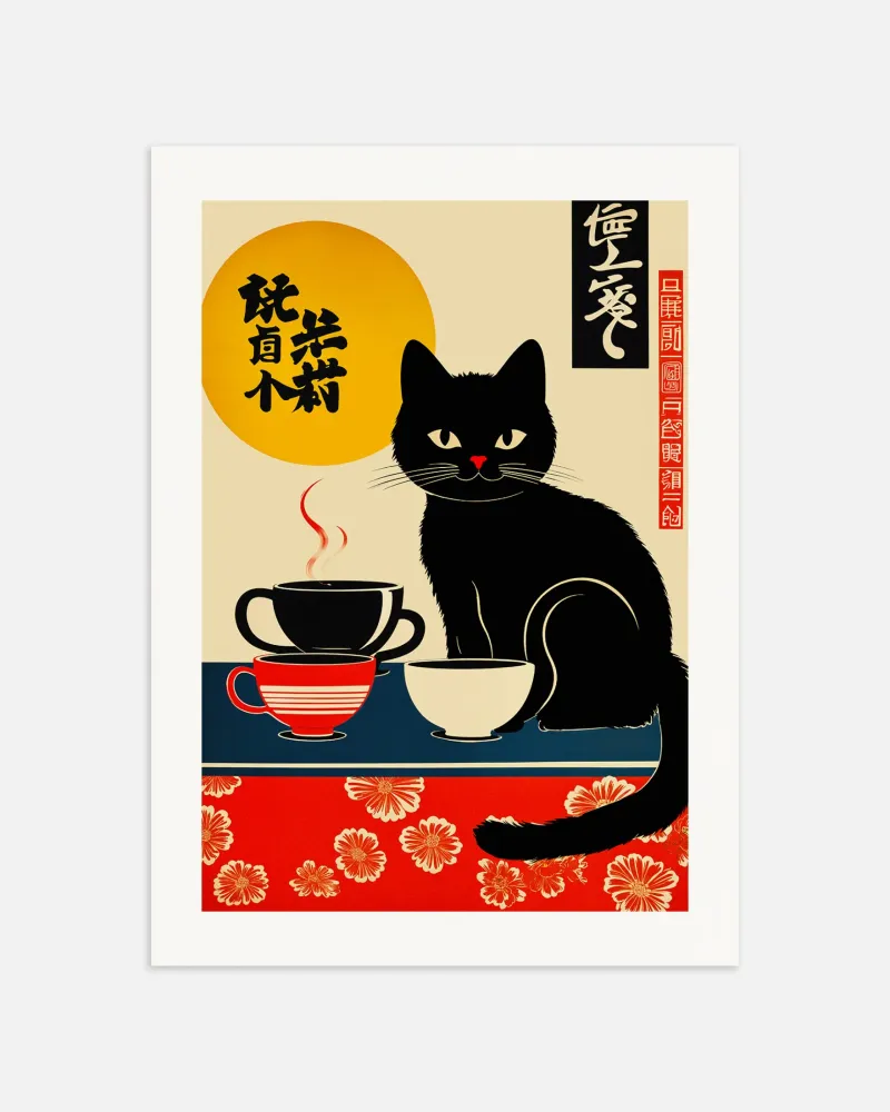 Póster japonés, gato con tazas de café Posterscape Creative Studio
