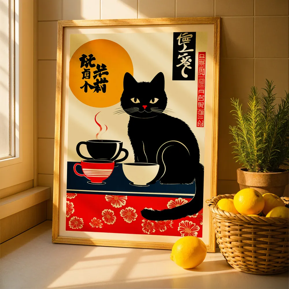 Póster japonés, gato con tazas de café Posterscape Creative Studio