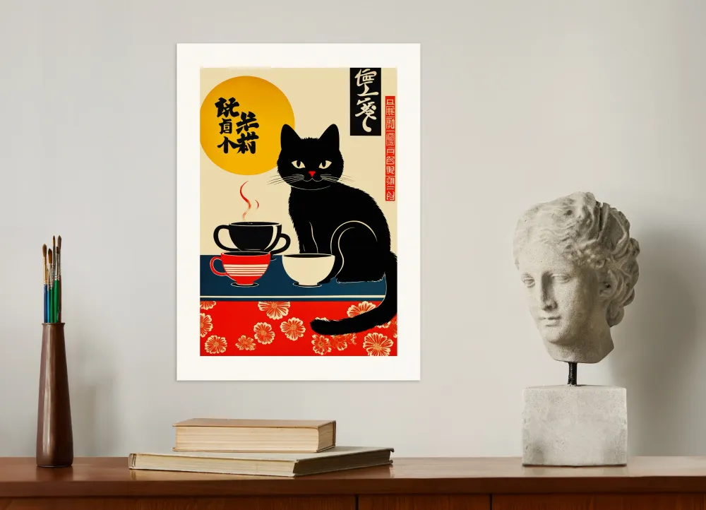 Póster japonés, gato con tazas de café Posterscape Creative Studio