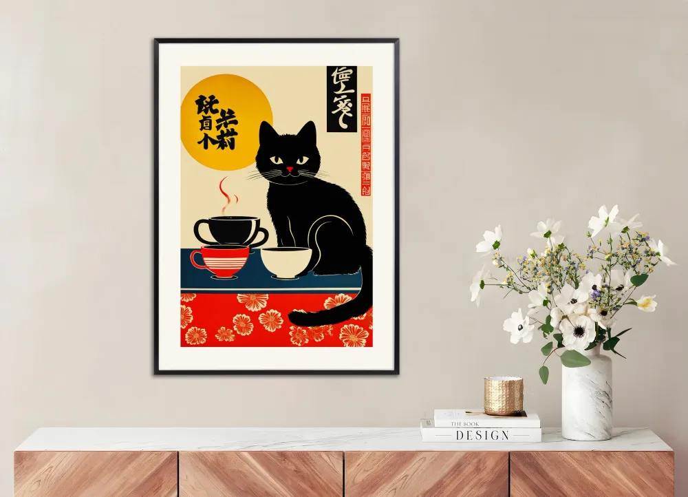 Póster japonés, gato con tazas de café Posterscape Creative Studio