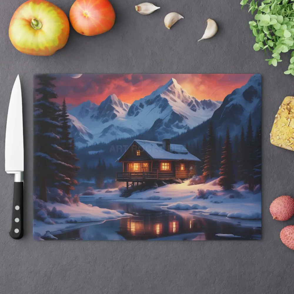Tabla de cortar de cabañ de invierno – Tabla de cocina Scenic Mountain Lodge Printify
