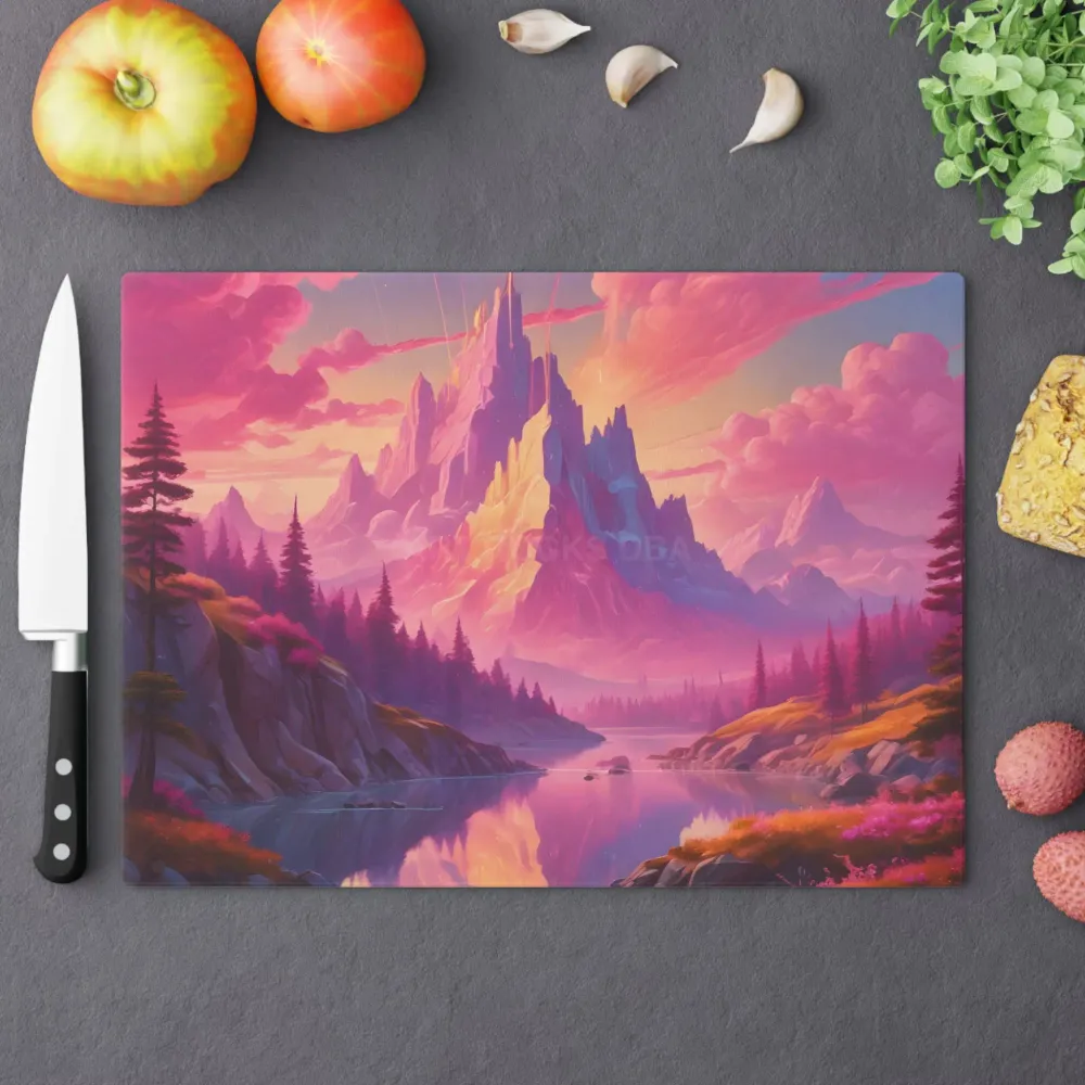 Tabla de cortar con atardecer en la montañ rosa de ensueño — Tabla de vidrio con paisaje de fantasí rosa Printify