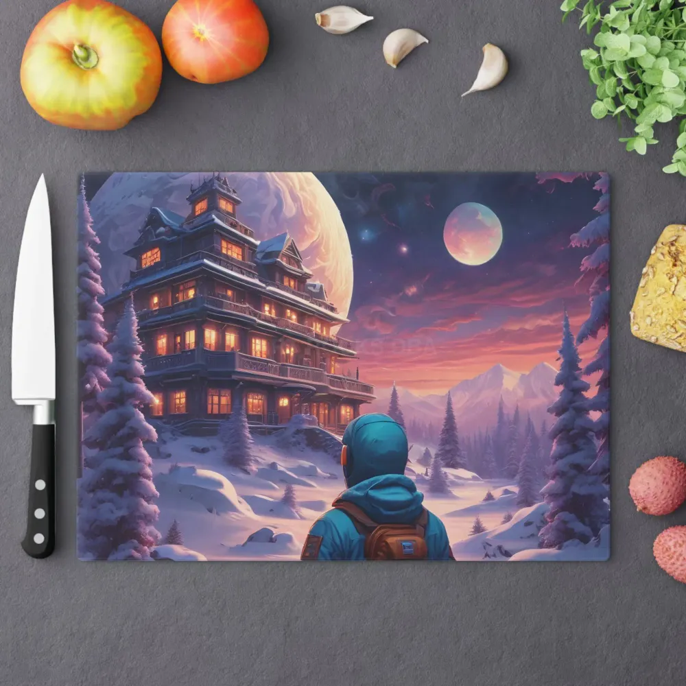Tabla de cortar con escena de cabañ invernal: decoración de cocina de chalet nevado con astronauta explorador Printify