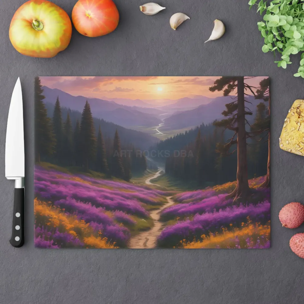 Tabla de cortar con lavanda, puesta de sol y prado de montañ Printify