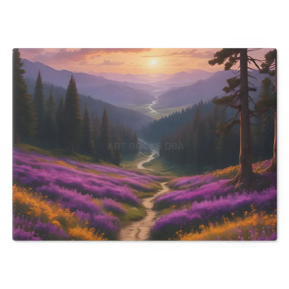 Tabla de cortar con lavanda, puesta de sol y prado de montañ Printify