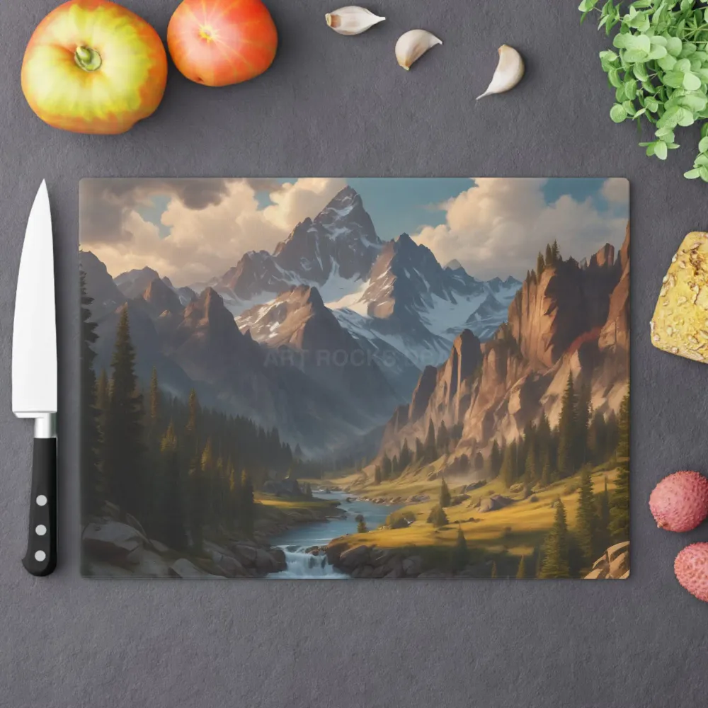 Tabla de cortar Mountain Valley — Tabla de preparación y charcuterí con paisaje alpino escénico Printify