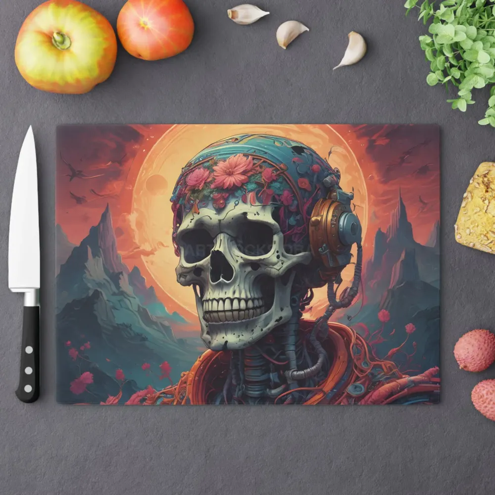 Tabla de cortar psicodélica con calavera y auriculares — Decoración floral de cocina con calaveras Printify