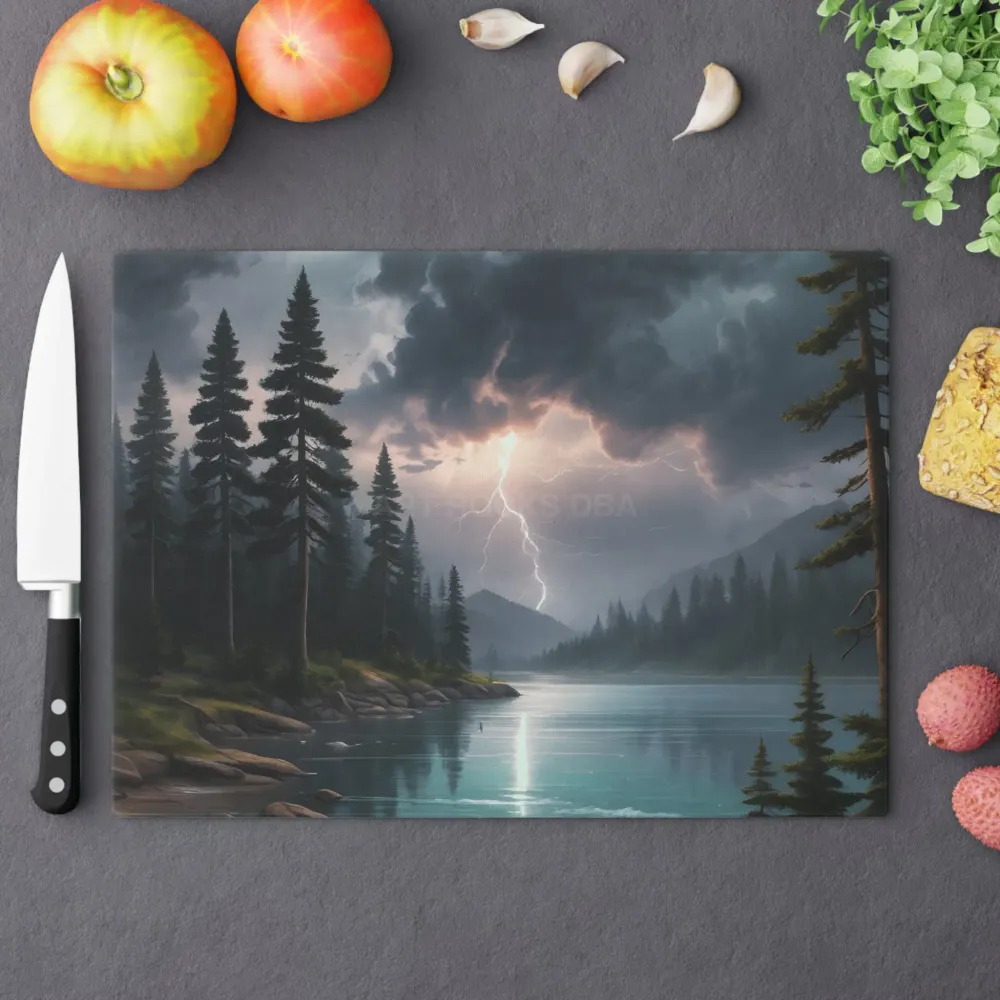 Tabla de cortar Stormy Mountain Lake — Tabla de cocina Lightning Over Pine Forest Printify