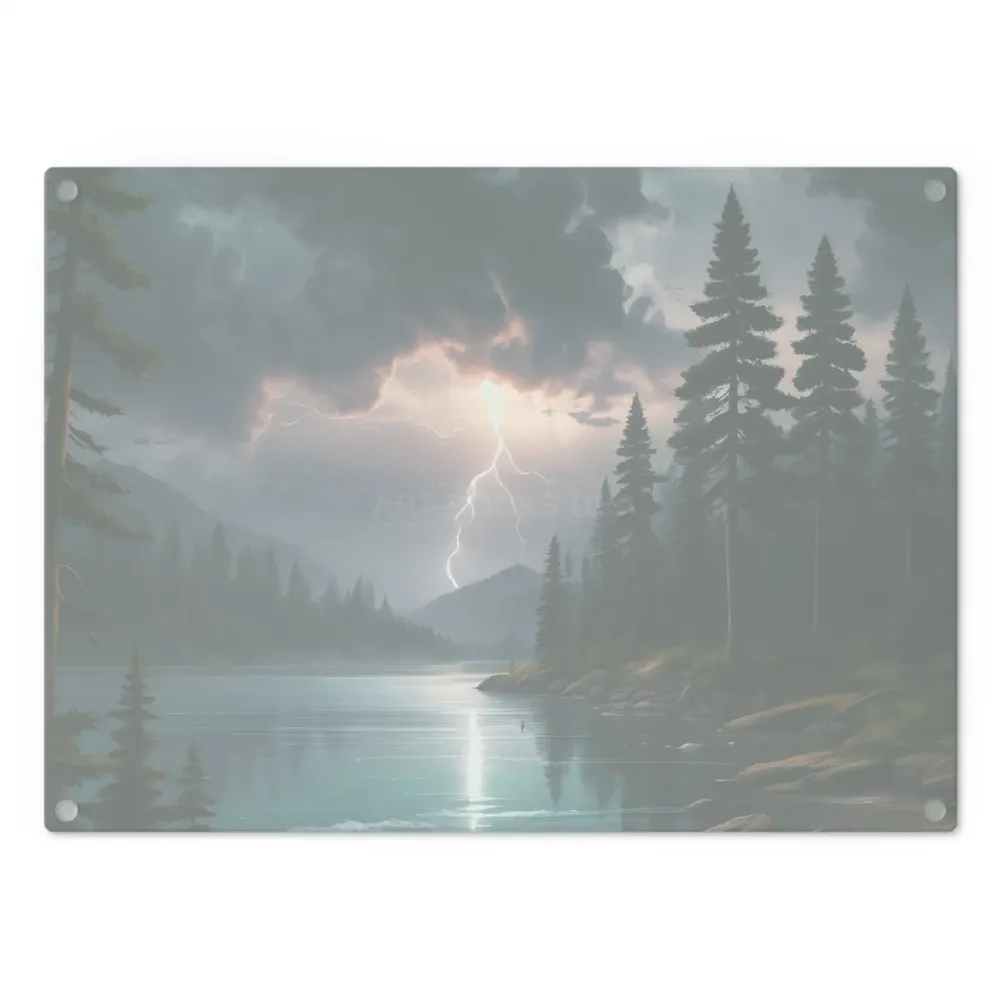 Tabla de cortar Stormy Mountain Lake — Tabla de cocina Lightning Over Pine Forest Printify