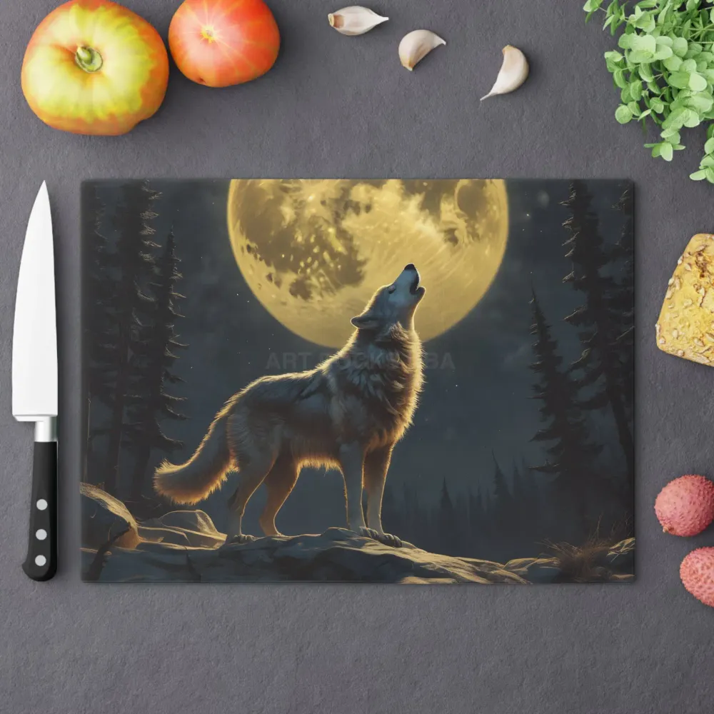 Tabla de cortar Wolf Moon — Escena nocturna de lobo aullando, tabla decorativa y funcional Printify