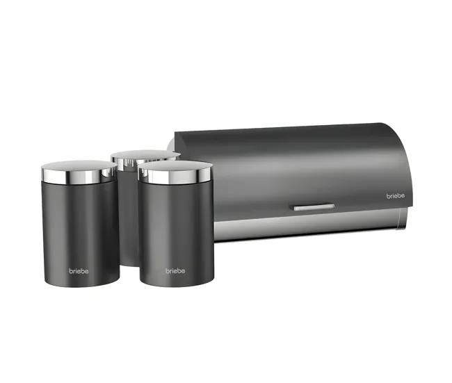 Briebe BB1161 Panera de Mesa +Juego 3 Botes Cocina Almacenaje Acero Inoxidable Contenedor de Pan con Tapa, , Gris