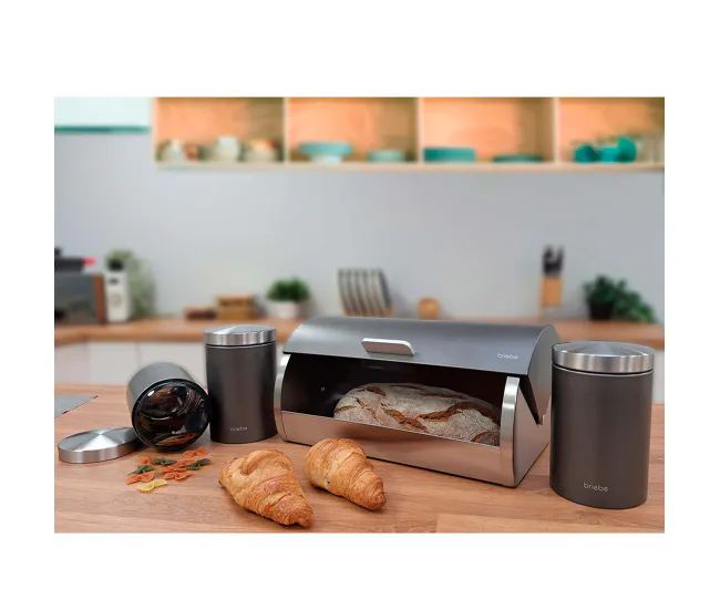 Briebe BB1161 Panera de Mesa +Juego 3 Botes Cocina Almacenaje Acero Inoxidable Contenedor de Pan con Tapa, , Gris