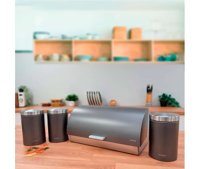 Briebe BB1161 Panera de Mesa +Juego 3 Botes Cocina Almacenaje Acero Inoxidable Contenedor de Pan con Tapa, , Gris
