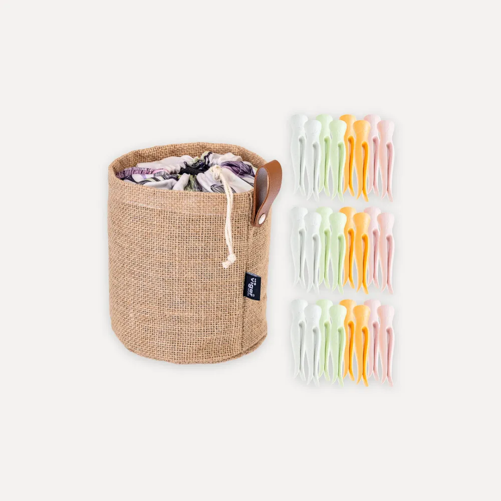 24 pinzas de ropa con cesto de saco con Garantí de Calidad