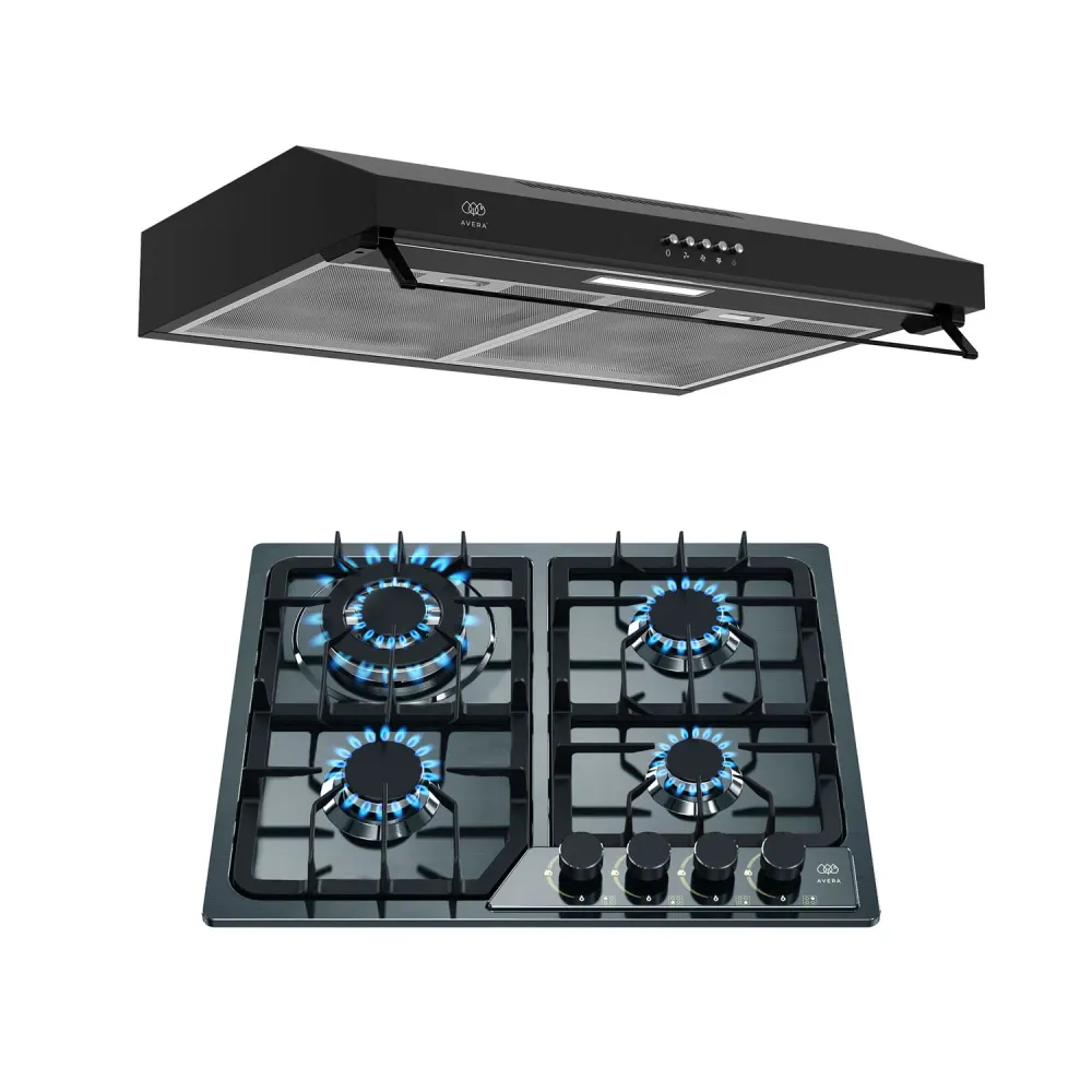 Combo Parrilla de gas 4 quemadores 58 cm + Campana de pared 60 cm - negro | Envío Rápido y Garantí