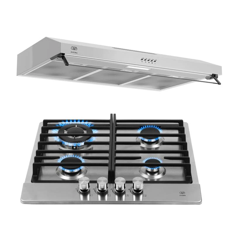 Combo Parrilla de gas 4 quemadores 58 cm perillas centrales + Campana de pared 60 cm Temperatura Ajustable