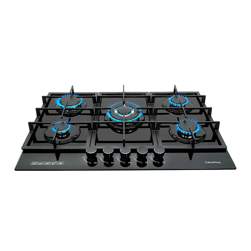 Parrilla de gas empotrable con 5 quemadores cristal templado negro Supra 5Q-PG-76