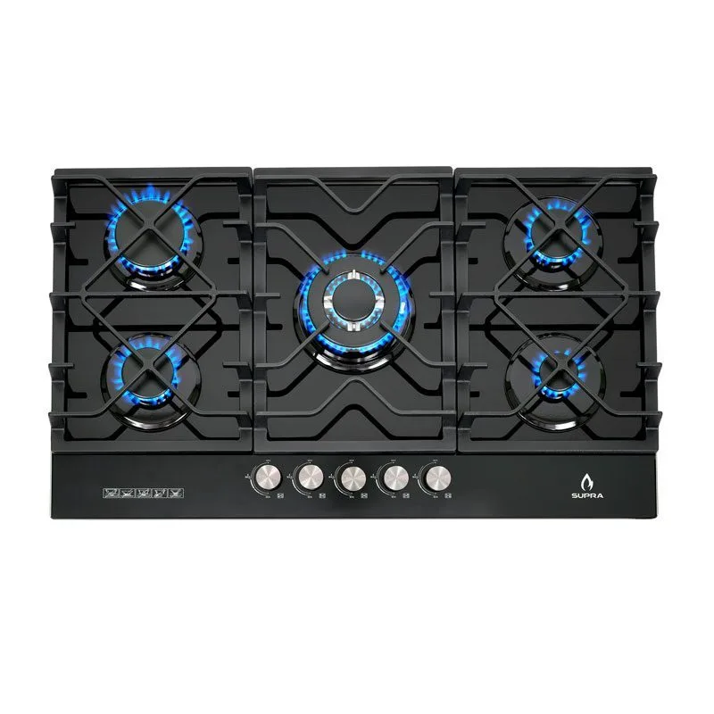 Parrilla de gas empotrable TG-87 Supra de 5 quemadores y cristal templado negro